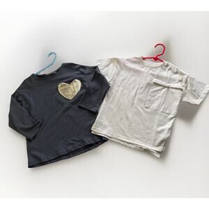 Lot of 2 Zara Girls 3-4 Tops T-Shirt Long Sleeve Gold Heart Pocket, Beige Tee